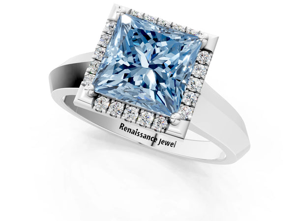 White gold Fancy Blue Princess  Halo Diamond Ring with Cathedral Band and Four-Prong Setting
