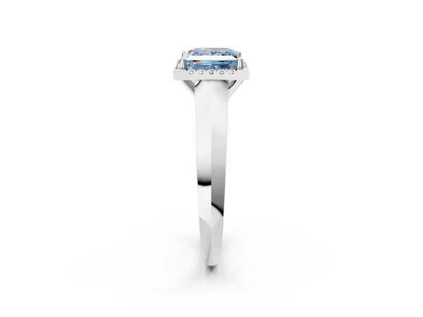 White gold Fancy Blue Princess  Halo Diamond Ring with Cathedral Band and Four-Prong Setting