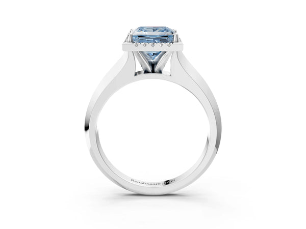 White gold Fancy Blue Princess  Halo Diamond Ring with Cathedral Band and Four-Prong Setting
