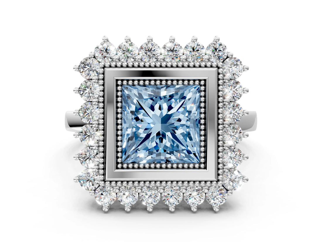 White gold Fancy Blue Princess  Halo Diamond Ring with Milgrain Edge and Round Prong Setting_38
