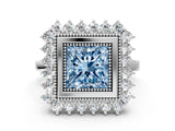 White gold Fancy Blue Princess  Halo Diamond Ring with Milgrain Edge and Round Prong Setting_38