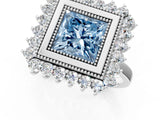 White gold Fancy Blue Princess  Halo Diamond Ring with Milgrain Edge and Round Prong Setting_39