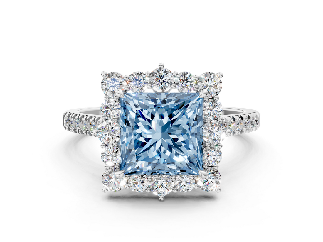 White gold Fancy Blue Princess  Halo Diamond Ring with Pavé Band and Prong Setting_20