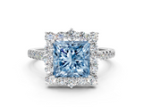 White gold Fancy Blue Princess  Halo Diamond Ring with Pavé Band and Prong Setting_20