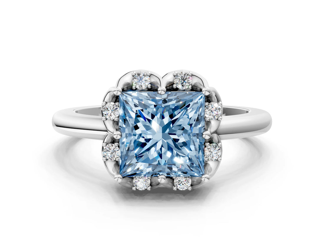 White gold Fancy Blue Princess  Halo Diamond Ring with Round Cluster Setting, Solitaire Band, and Four-Prong Setting_49