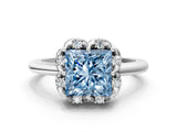 White gold Fancy Blue Princess  Halo Diamond Ring with Round Cluster Setting, Solitaire Band, and Four-Prong Setting_51