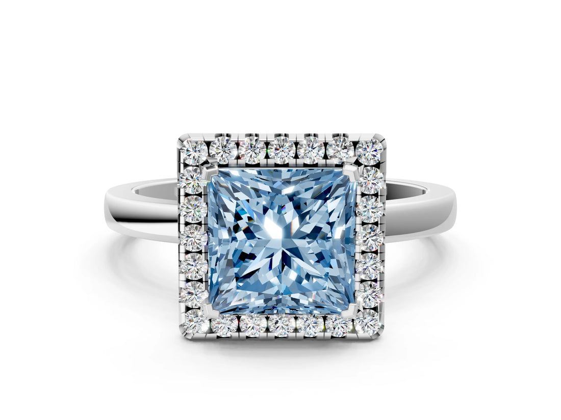 White gold Fancy Blue Princess  Halo Diamond Solitaire with Pavé Band and Four-Prong Setting_84