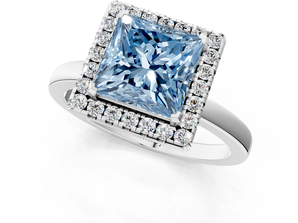 Platinum Fancy Blue Princess  Halo Diamond Solitaire with Pavé Band and Four-Prong Setting