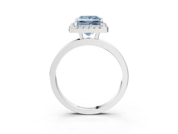 Platinum Fancy Blue Princess  Halo Diamond Solitaire with Pavé Band and Four-Prong Setting