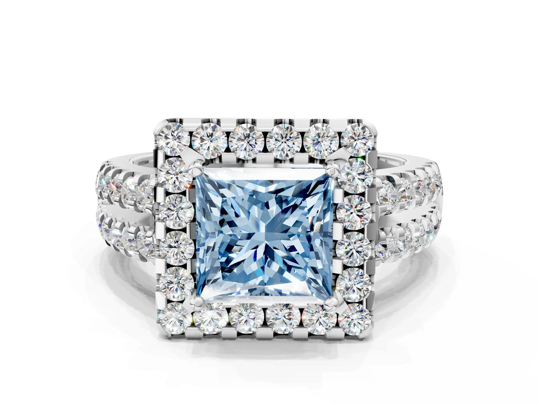 White gold Fancy Blue Princess  Halo Diamond Split Shank Engagement Ring with Prong Setting_39