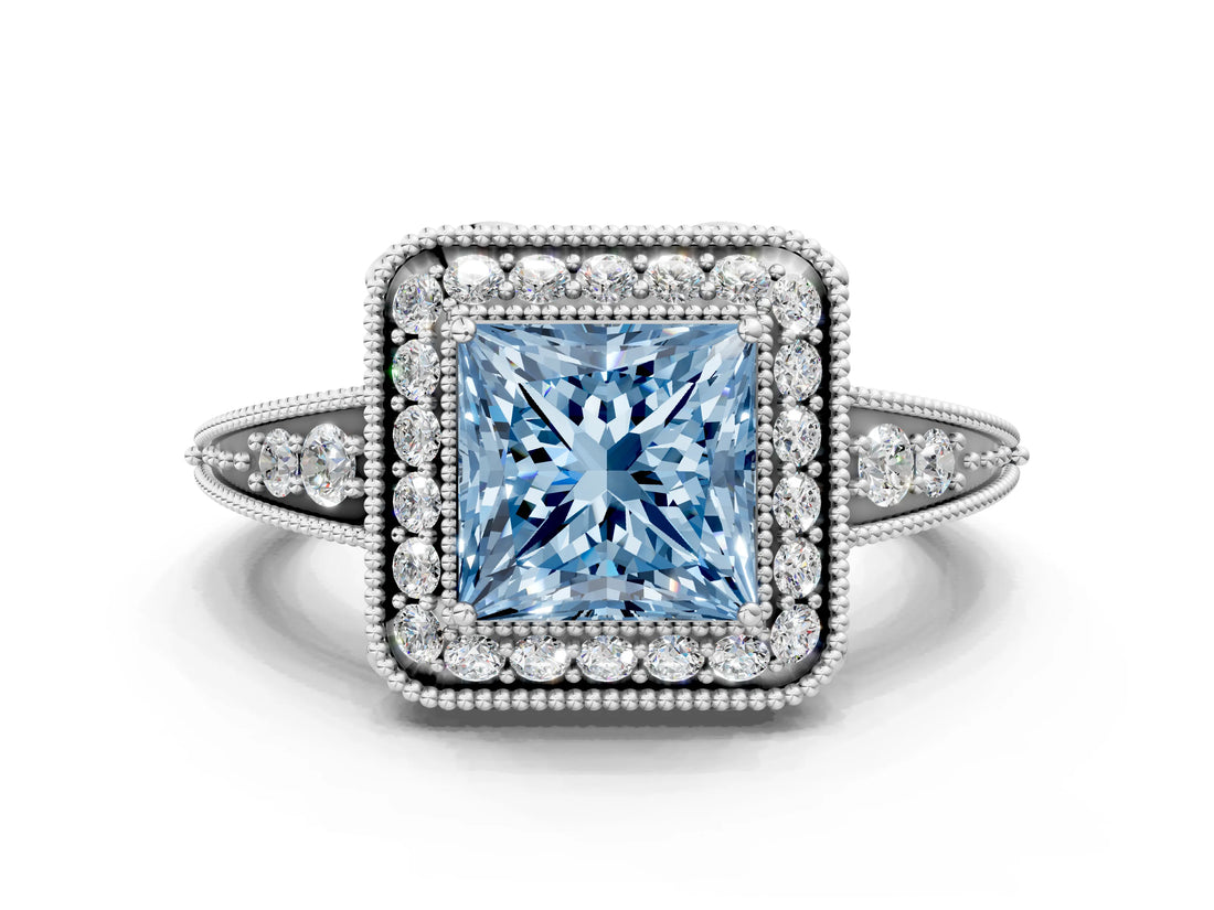 White gold Fancy Blue Princess  Halo Diamond Split Shank Ring with Milgrain Detail_48