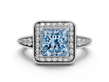 White gold Fancy Blue Princess  Halo Diamond Split Shank Ring with Milgrain Detail_48