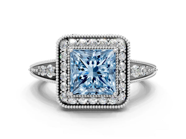 Platinum Fancy Blue Princess  Halo Diamond Split Shank Ring with Milgrain Detail