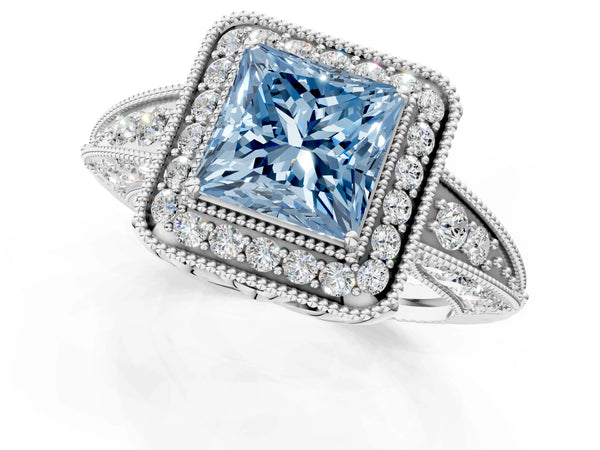 Platinum Fancy Blue Princess  Halo Diamond Split Shank Ring with Milgrain Detail