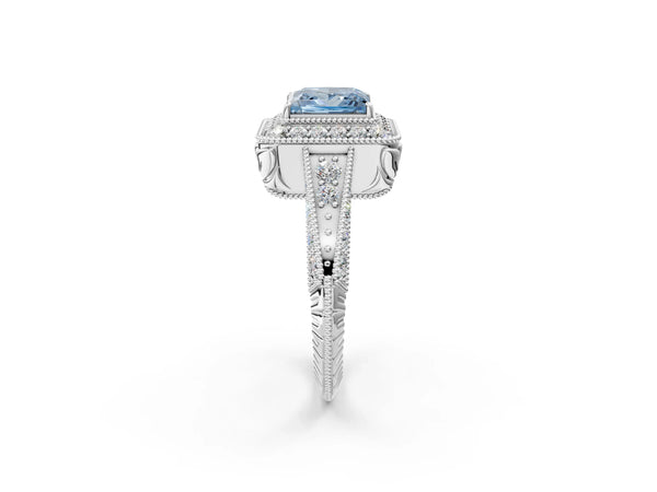 Platinum Fancy Blue Princess  Halo Diamond Split Shank Ring with Milgrain Detail