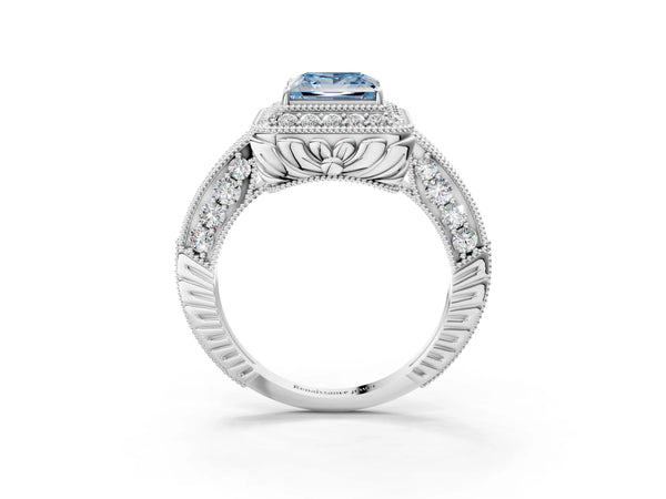 Platinum Fancy Blue Princess  Halo Diamond Split Shank Ring with Milgrain Detail