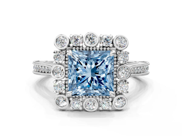 White gold Fancy Blue Princess  Halo Milgrain Pave Diamond Ring with Four-Prong Setting