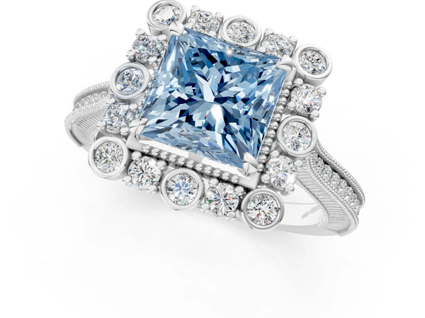 White gold Fancy Blue Princess  Halo Milgrain Pave Diamond Ring with Four-Prong Setting