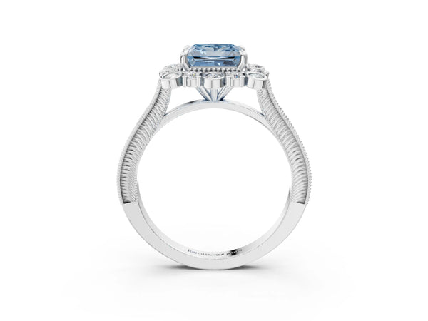 White gold Fancy Blue Princess  Halo Milgrain Pave Diamond Ring with Four-Prong Setting