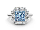 White gold Fancy Blue Princess  Halo Milgrain Solitaire with Bezel Set Side Stones and Pave Band_67