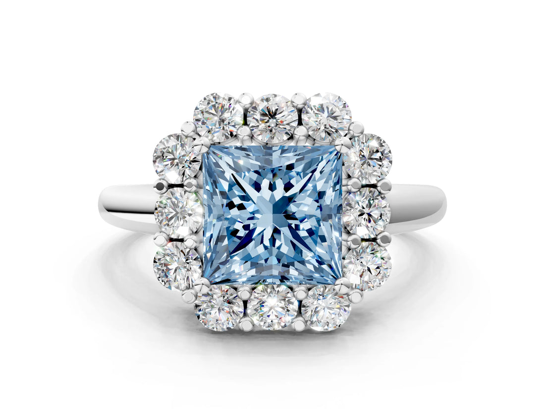 White gold Fancy Blue Princess  Halo Milgrain Solitaire with Bezel Set Side Stones and Pave Band_68