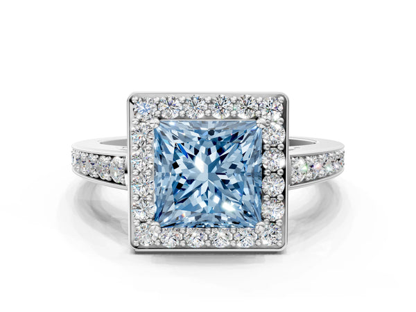 Platinum Fancy Blue Princess  Halo Pavé Diamond Engagement Ring with Bezel Setting