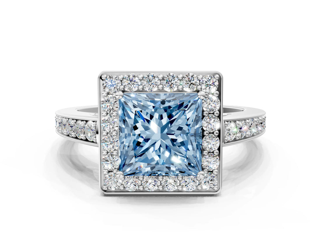 White gold Fancy Blue Princess  Halo Pavé Diamond Engagement Ring with Bezel Setting_49