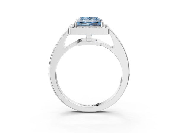 Platinum Fancy Blue Princess  Halo Pavé Diamond Engagement Ring with Bezel Setting