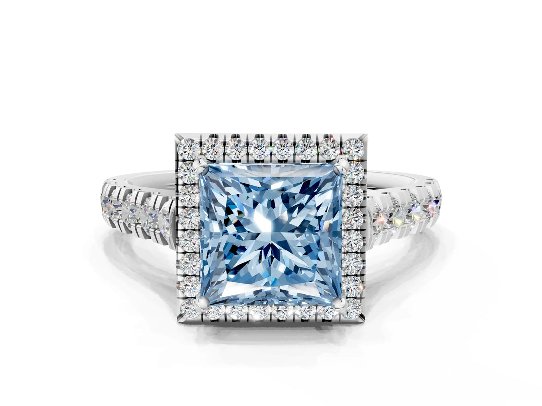 White gold Fancy Blue Princess  Halo Pavé Diamond Engagement Ring with Four-Prong Setting_26