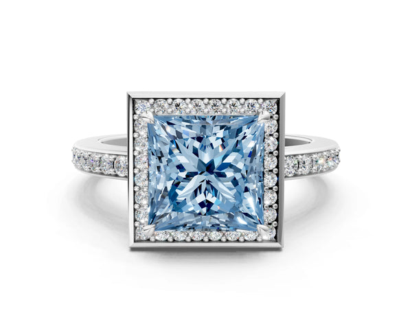Platinum Fancy Blue Princess  Halo Pave Band Solitaire Ring with Prong Setting