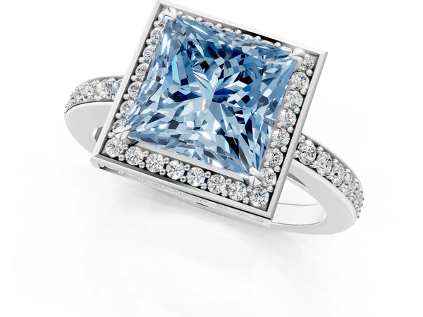 Platinum Fancy Blue Princess  Halo Pave Band Solitaire Ring with Prong Setting