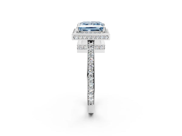 Platinum Fancy Blue Princess  Halo Pave Band Solitaire Ring with Prong Setting