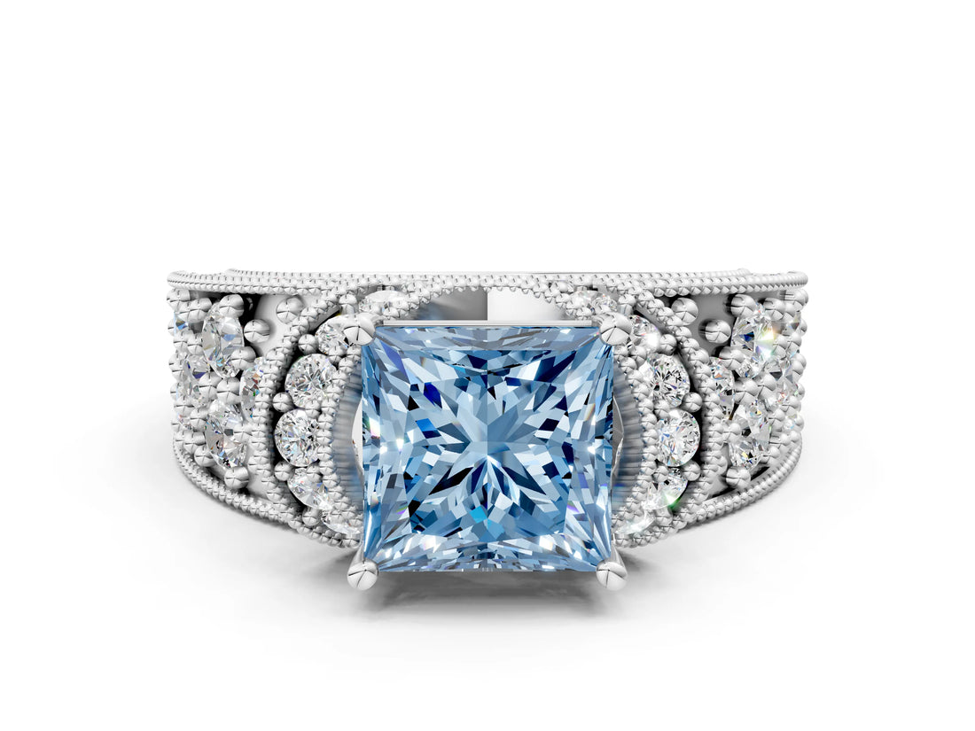 White gold Fancy Blue Princess  Halo Pave Diamond Engagement Ring with Milgrain Detailing_48
