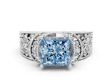 White gold Fancy Blue Princess  Halo Pave Diamond Engagement Ring with Milgrain Detailing_49