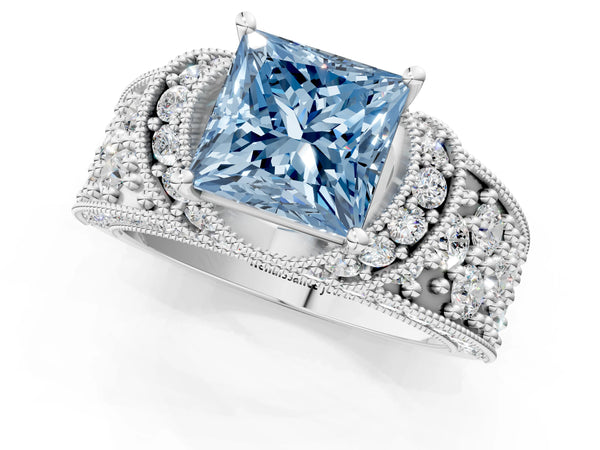 Platinum Fancy Blue Princess  Halo Pave Diamond Engagement Ring with Milgrain Detailing
