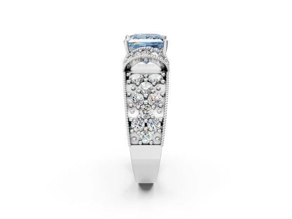 Platinum Fancy Blue Princess  Halo Pave Diamond Engagement Ring with Milgrain Detailing