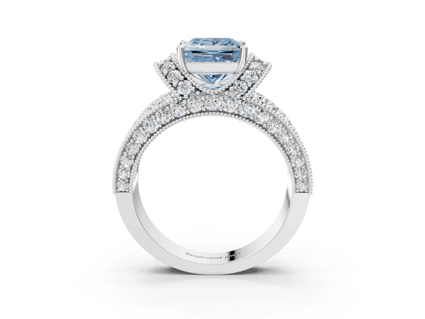 Platinum Fancy Blue Princess  Halo Pave Diamond Engagement Ring with Milgrain Detailing