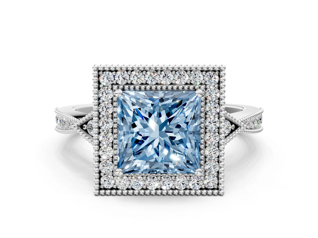 White gold Fancy Blue Princess  Halo Round Diamond Milgrain Pave Engagement Ring_3