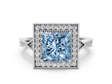 White gold Fancy Blue Princess  Halo Round Diamond Milgrain Pave Engagement Ring_3