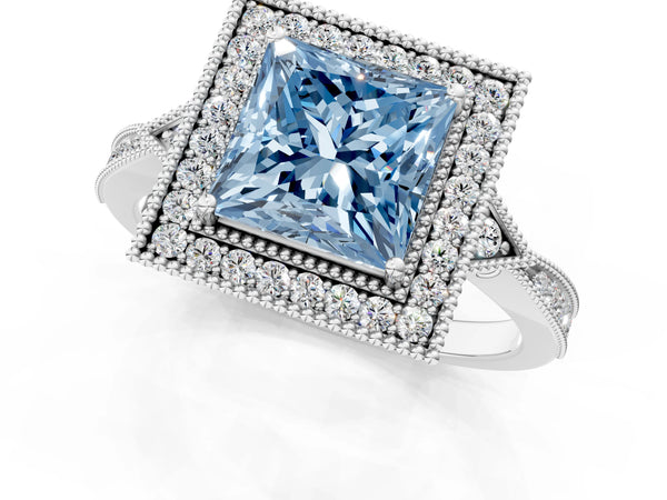 Platinum Fancy Blue Princess  Halo Round Diamond Milgrain Pave Engagement Ring