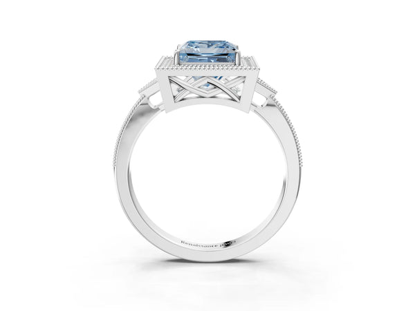 Platinum Fancy Blue Princess  Halo Round Diamond Milgrain Pave Engagement Ring
