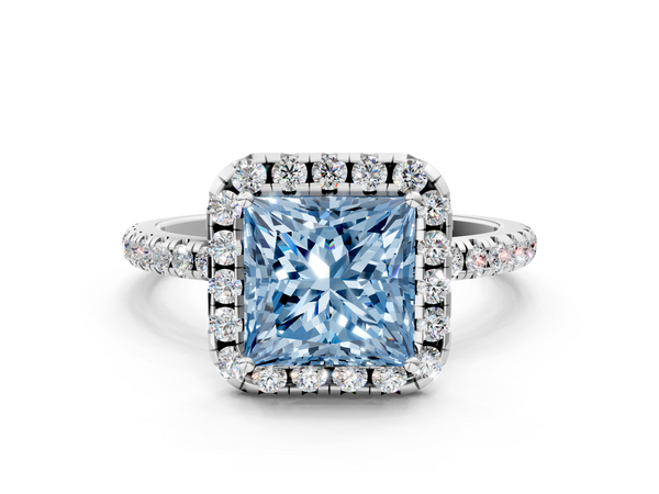 White gold Fancy Blue Princess  Halo Round Diamond Pavé Band Four-Prong Ring