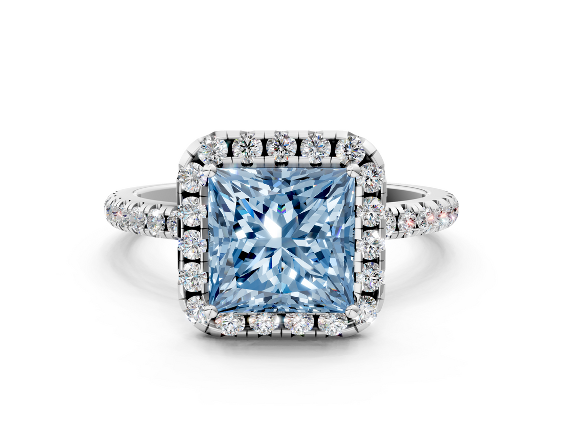 White gold Fancy Blue Princess  Halo Round Diamond Pavé Band Four-Prong Ring_3