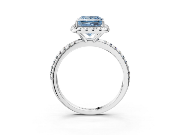 White gold Fancy Blue Princess  Halo Round Diamond Pavé Band Four-Prong Ring
