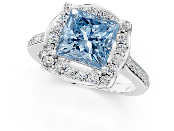 Platinum Fancy Blue Princess  Halo Round Diamond Pave Band with Four-Prong Setting