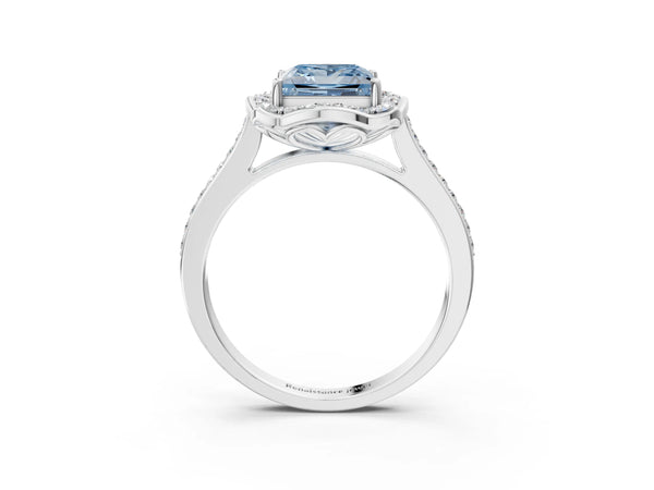Platinum Fancy Blue Princess  Halo Round Diamond Pave Band with Four-Prong Setting