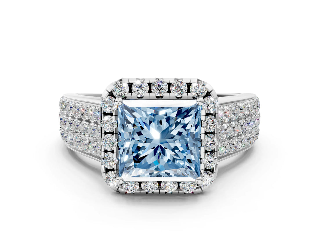 White gold Fancy Blue Princess  Halo Round Diamond Pave Band with Prong Setting_24