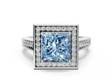 White gold Fancy Blue Princess  Halo Solitaire Diamond Ring with Pave Band and Bezel Setting_47