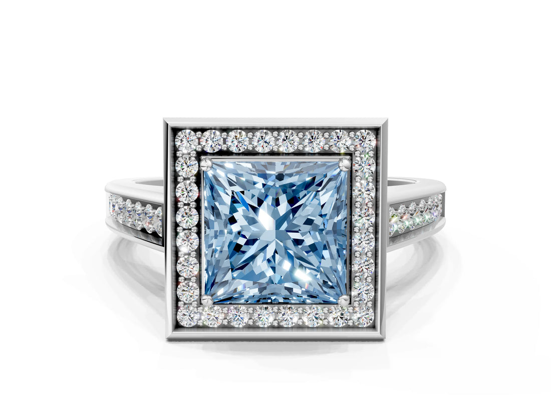 White gold Fancy Blue Princess  Halo Solitaire Diamond Ring with Pave Band and Bezel Setting_49
