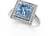 White gold Fancy Blue Princess  Halo Solitaire Diamond Ring with Pave Band and Bezel Setting_50